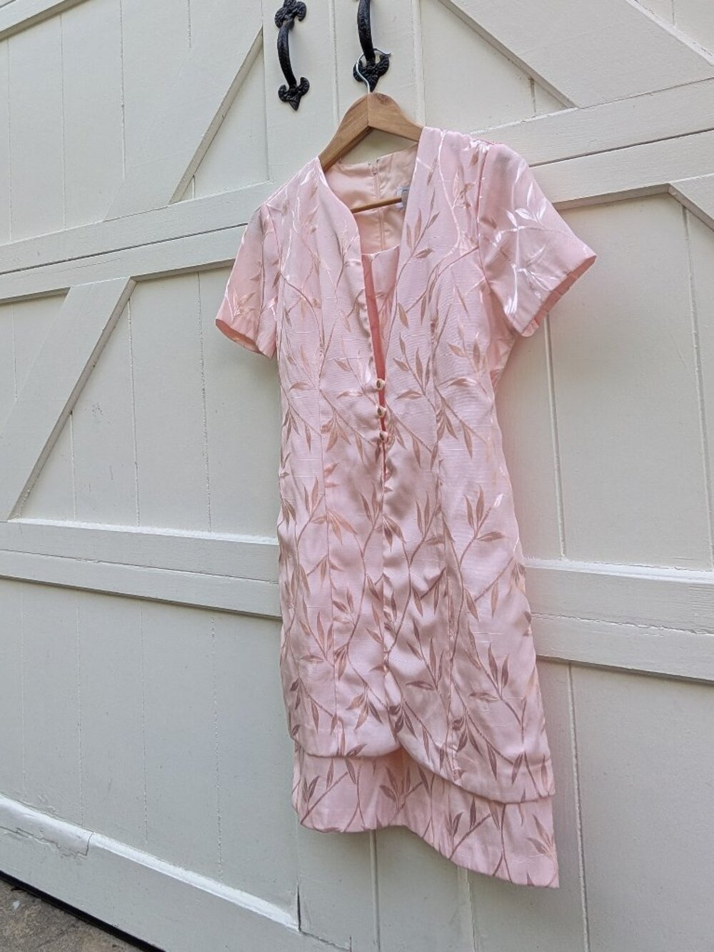 Vintage 80s Dawn Joy Pink Satin Leaf Jacquard Mini Dress Sz 6P